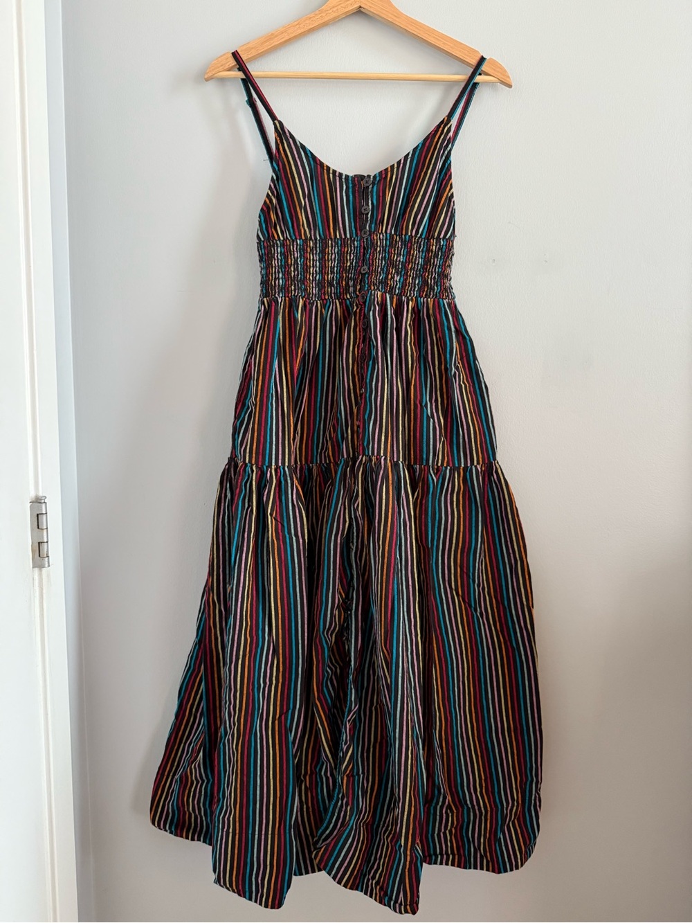 SOLID & STRIPED rainbow multicolor tiered maxi dress with buttons - size XS